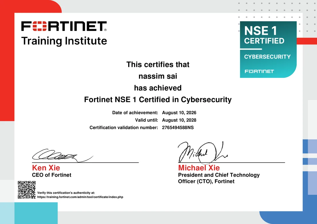 NSE 1 Certified in Cybersecurity certificate
