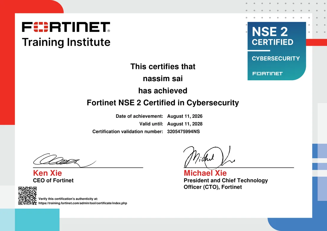 NSE 2 Certified in Cybersecurity certificate