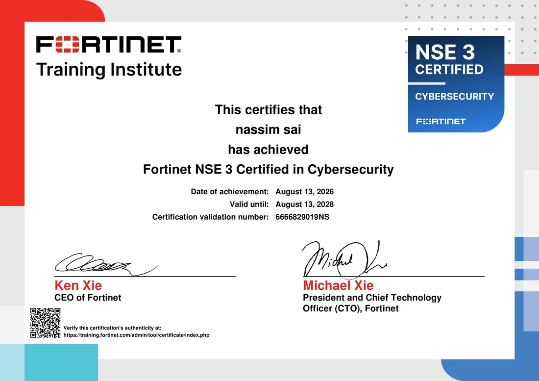 NSE 3 Certified in Cybersecurity certificate